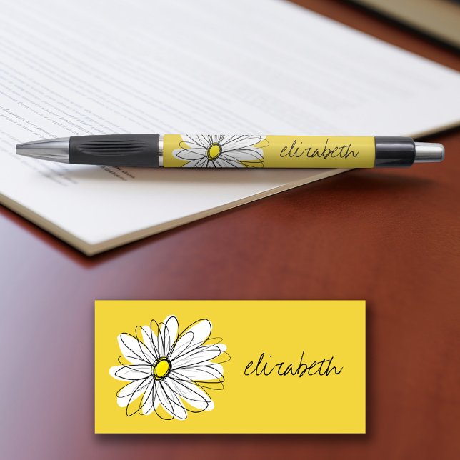 Stylo Marguerite lunaire jaune et blanc avec texte perso (Personalized writing pens - add your name or other text)