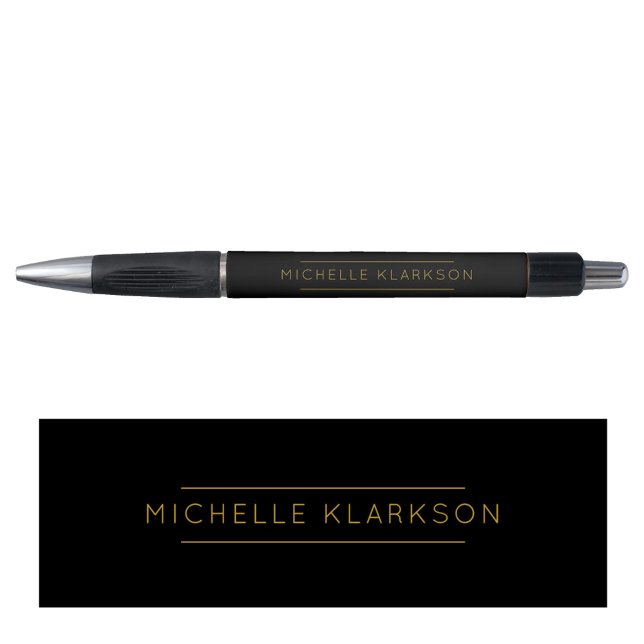 Stylo Moderne Simple Minimaliste Noir Or Monogrammé  (Modern Simple Minimalist Black Gold Monogrammed Pen)