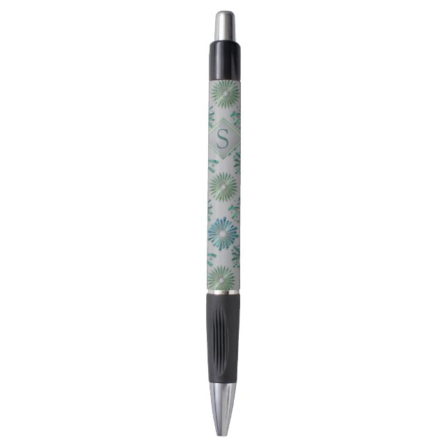 Stylo Monogramme à motif bleu vert orné élégant (Devant (Vertical))