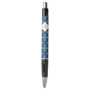 Stylo Monogramme de luxe Blue et Gold Quatre Floral