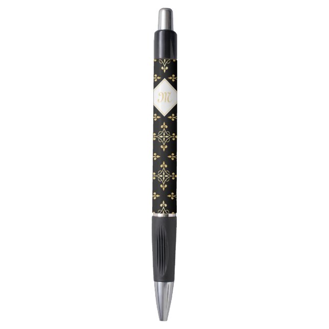 Stylo Monogramme de luxe Noir et Or Quatre Floral (Devant (Vertical))