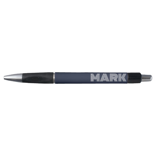 Stylo Monogramme de nom bleu marine foncé blanc rayures  (Devant)