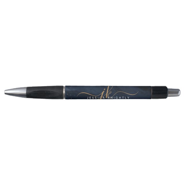 Stylo Monogramme doré sur fond bleu marine avec lettrage (Devant)