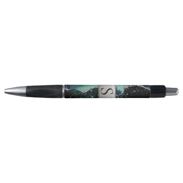 Stylo Monogramme géode de marbre paillettes argent vert (Devant)