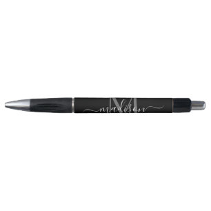 Stylo Monogramme gris argent noir Nom du script élégant