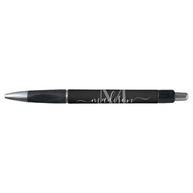 Stylo Monogramme gris argent noir Nom du script élégant (Devant)