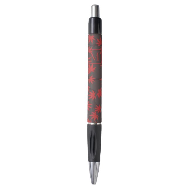 Stylo Monogramme Moderne Feuille d'Érable Rouge Grise (Devant (Vertical))