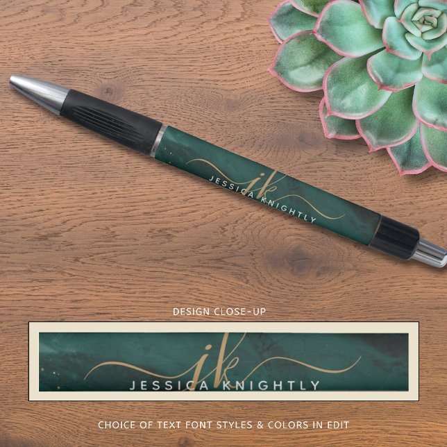 Stylo Monogramme Script Paillet Turquoise Téquoise Agate (Créateur téléchargé)