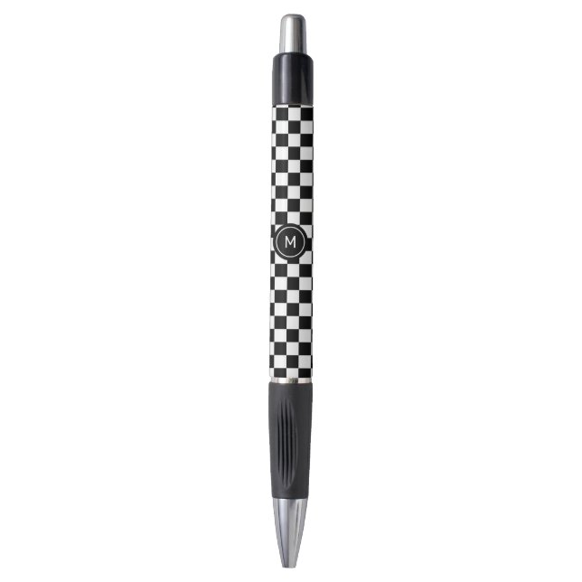 Stylo Monogramme sur motif d'échiquier noir et blanc (Devant (Vertical))