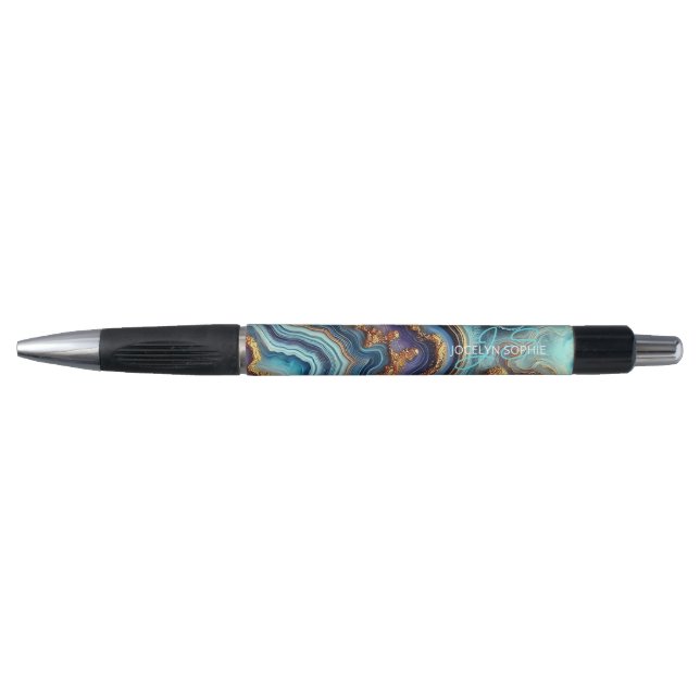 Stylo Motif d'art en marbre doré bleu Turquoise foncé (Devant)