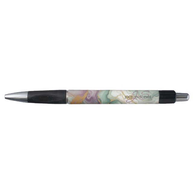 Stylo Motif d'art en marbre rouge Mauve rose vert or (Devant)