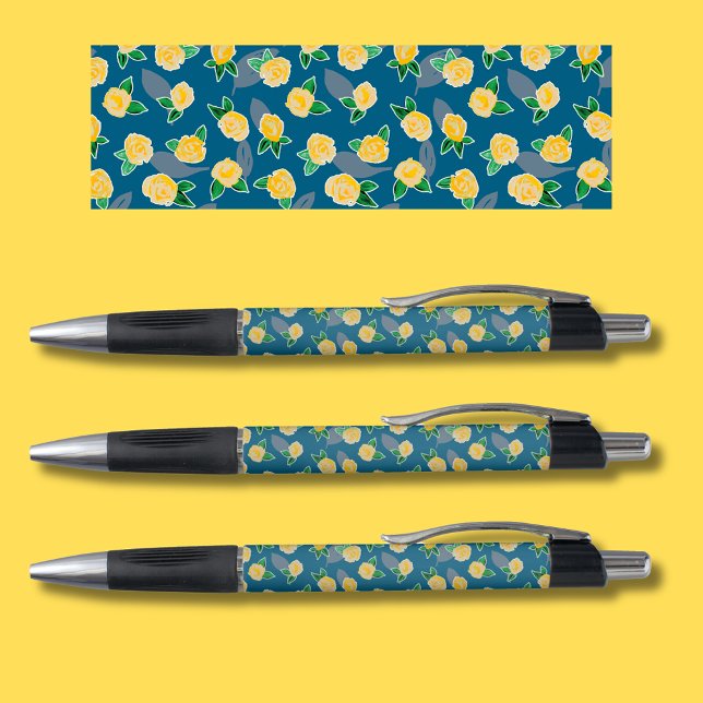 Stylo Motif floral rose jaune (Pretty yellow rose design on teal blue background.  Original pattern illustration shown at the top.)