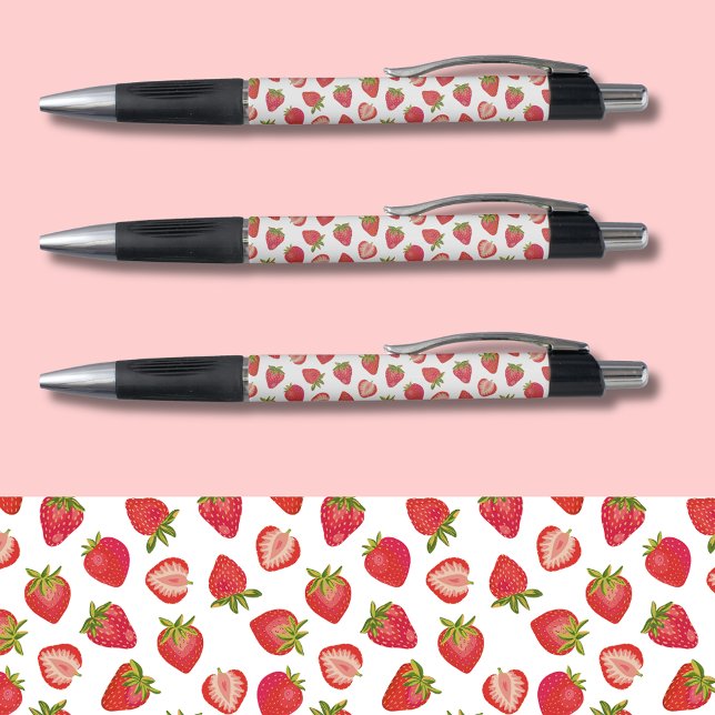 Stylo Motif fraise (Strawberry pens; perfect for office, school or party favors. Original art illustration.)
