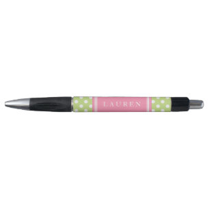 Stylo Motif Pois vert et rose personnalisé