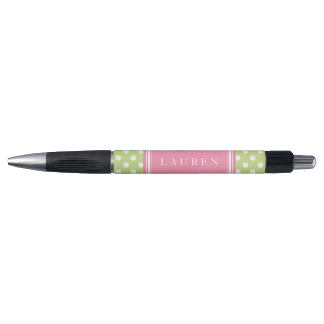 Stylo Motif Pois vert et rose personnalisé (Devant)