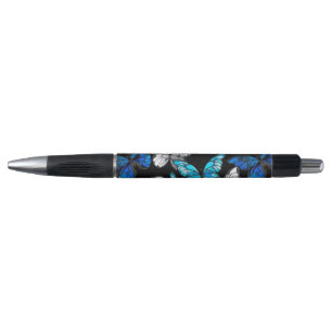 Stylo Motif sans couleur foncée avec papillons bleus Mor