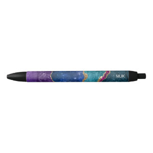 Stylo Noir Agate Monogramme Veines Or Bleu Violet Aqua