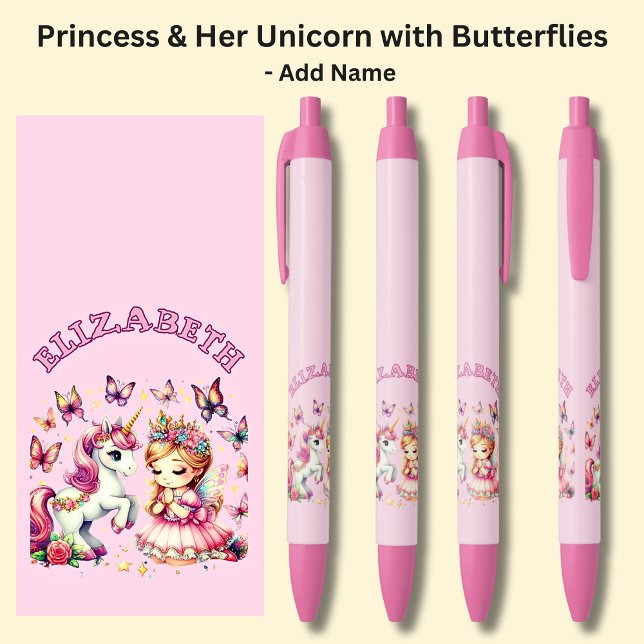 Stylo Noir Ajouter le nom Princess & Her Unicorn & Butterflie (Créateur téléchargé)