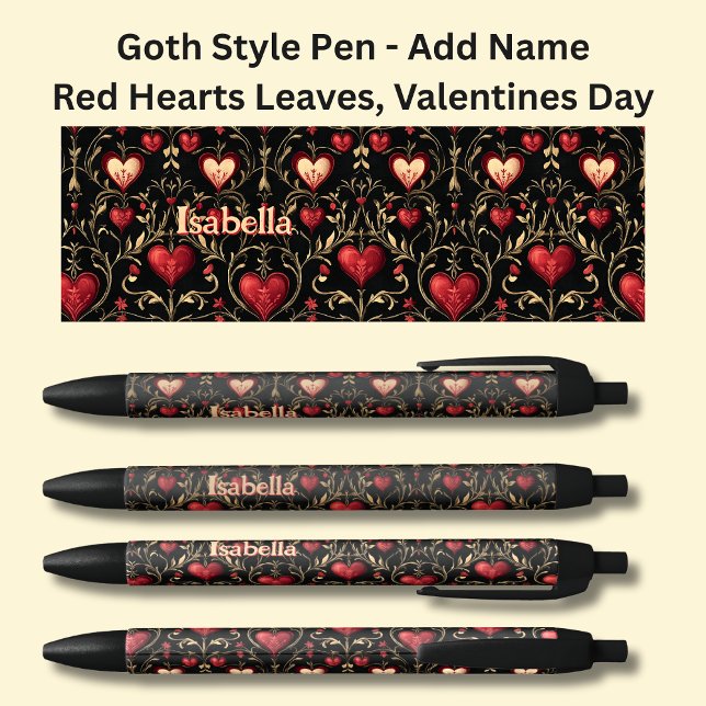 Stylo Noir Ajouter Nom, Goth Gothic Red Valentines Coeurs Feu (Créateur téléchargé)