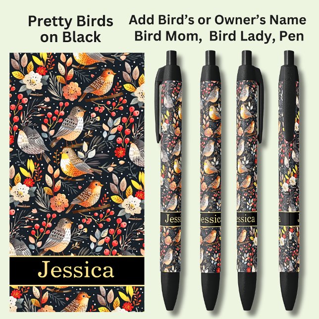 Stylo Noir Ajouter Nom, Orange Birds Red Berries (Créateur téléchargé)
