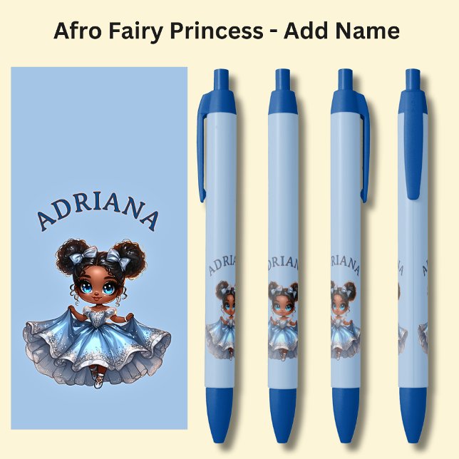 Stylo Noir Ajouter un nom, Afro Fairy Princess sur Blue (Créateur téléchargé)