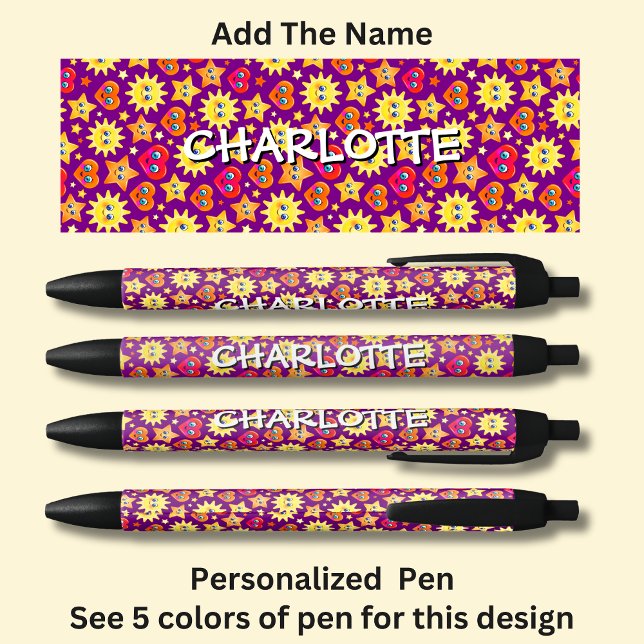 Stylo Noir Ajouter un nom, Coeurs roses Étoiles Soleil Jaune (Créateur téléchargé)