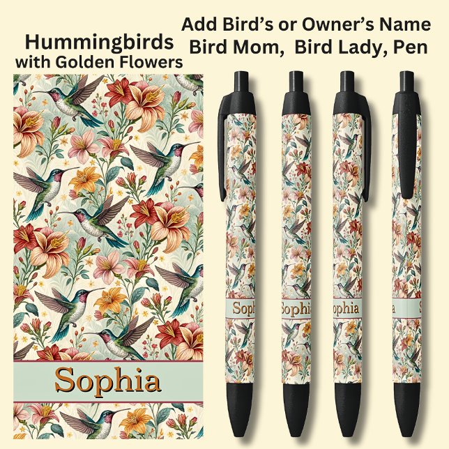 Stylo Noir Ajouter un nom, Colibris aux fleurs d'or (Créateur téléchargé)
