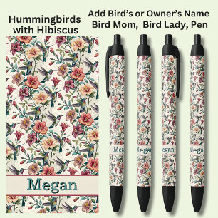 Stylo Noir Ajouter un nom, Colibris avec des fleurs d'Hibiscu