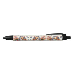Stylo Noir Amoureux des chats Chat calicot Floral Écriture