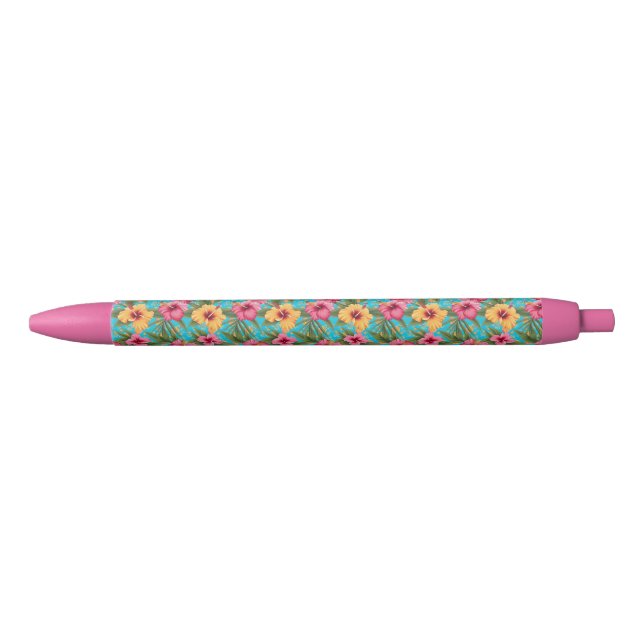 Stylo Noir Ananas à fleurs tropicales (Devant)
