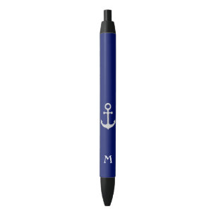 Stylo Noir Ancre d'argent nautique et monogramme
