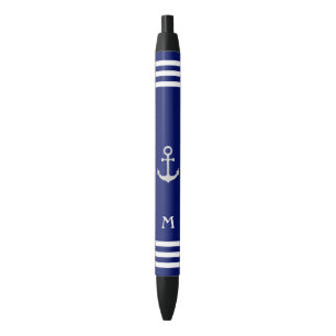 Stylo Noir Ancre nautique et monogramme sur fond bleu