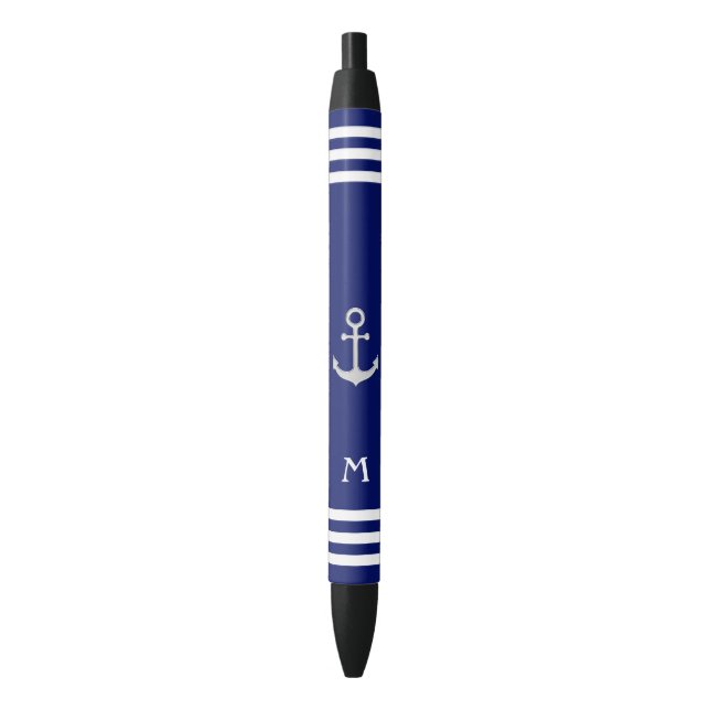 Stylo Noir Ancre nautique et monogramme sur fond bleu (devant Vertical)