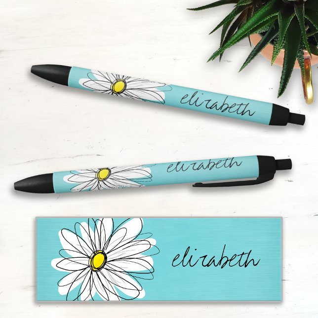 Stylo Noir Aqua and Yellow Whimsical Daisy Custom Text (Créateur téléchargé)