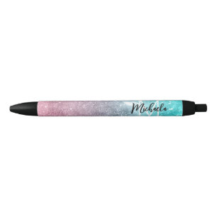 Stylo Noir Aqua blue Pink ombre mer galaxie abstraite Monogra