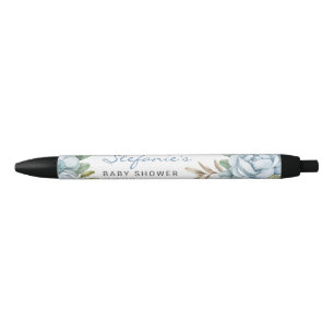 Stylo Noir Aquarelle Blue Flowers Baby shower Faveurs