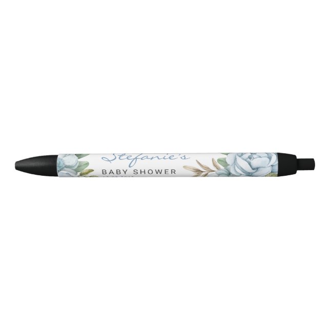 Stylo Noir Aquarelle Blue Flowers Baby shower Faveurs (Devant)
