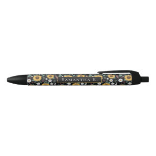 Stylo Noir Aquarelle de tournesol Nom personnalisé