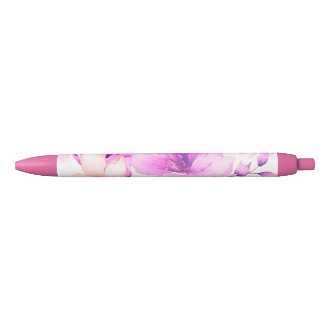Stylo Noir Aquarelle délicate Fleurs roses (Devant)