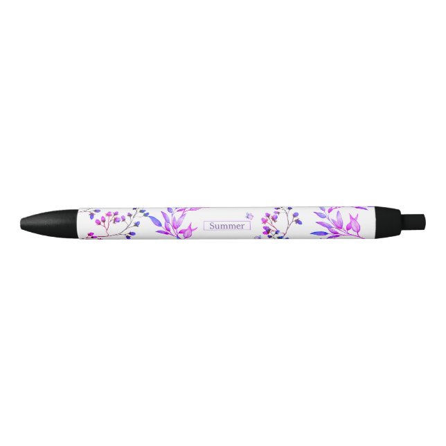 Stylo Noir Aquarelle fleurs violettes et papillons mignons (Devant)