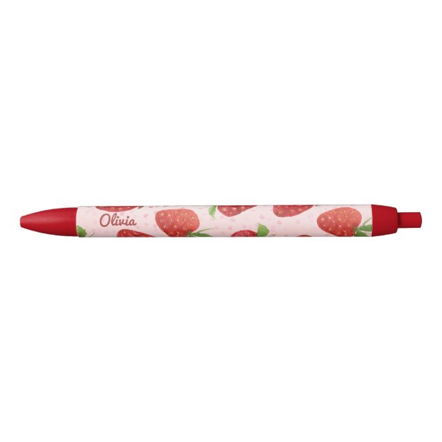 Stylo Noir Aquarelle mignonne Fraises rouges Nom du script (Devant)