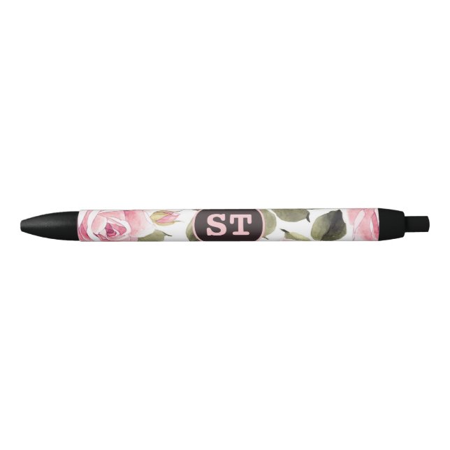 Stylo Noir Aquarelle moderne rose floral noir (Devant)