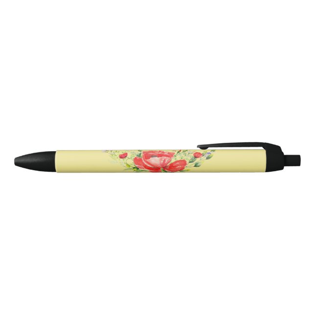 Stylo Noir Aquarelle Rouge Poppies Personnalisé (Haut)