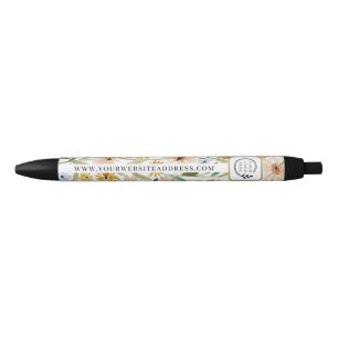 Stylo Noir Aquarelle rustique Fleurs sauvages Ajouter Logo En