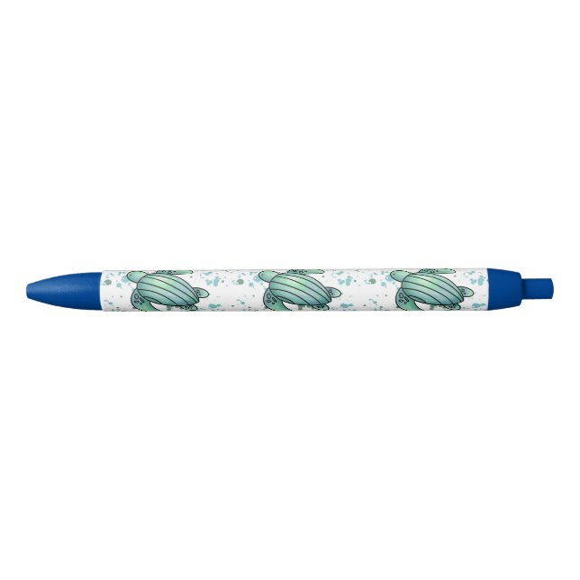 Stylo Noir aquarelle tortue de mer vert bleu animal motif (Devant)