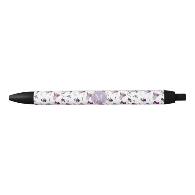 Stylo Noir Aquarelle violette Motif Irises Florales (Devant)