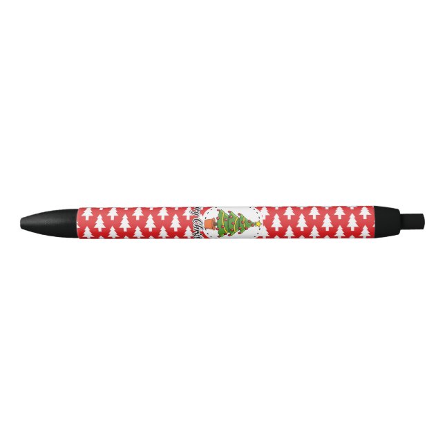 Stylo Noir Arbre de Noël sur le Motif des pins rouges - Joyeu (Devant)