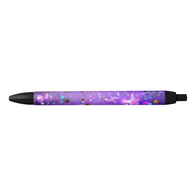 Stylo Noir Arrière - plan de feuille violet avec étoiles (Devant)