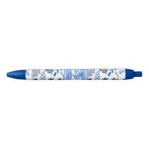 Stylo Noir Art Botanique Moderne Folk Fleurs Bleues Monogramm