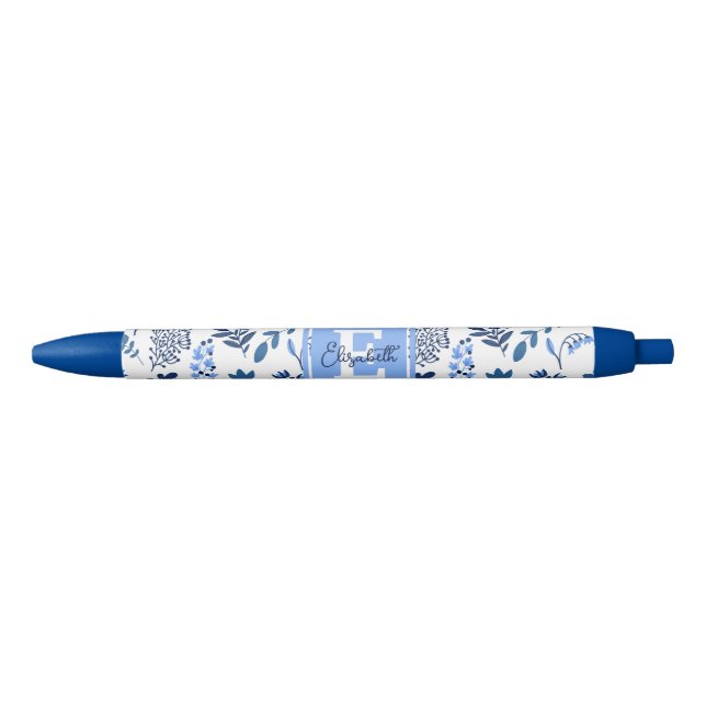 Stylo Noir Art Botanique Moderne Folk Fleurs Bleues Monogramm (Devant)